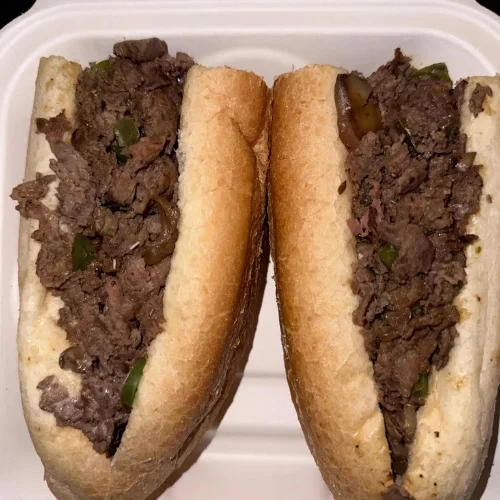 Steak Bomb Sub - Steak sub loaded with peppers, onions, and mushrooms.